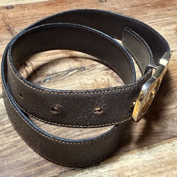 VTG GUCCI GG Logo Buckle Brown Leather Belt Gold Hardware 25”-29” Reversible main image 15